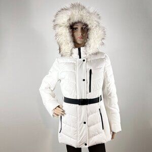 NWT London Fog White Puffer Jacket - M - Faux Fur Hood, Pockets, Black Zippers